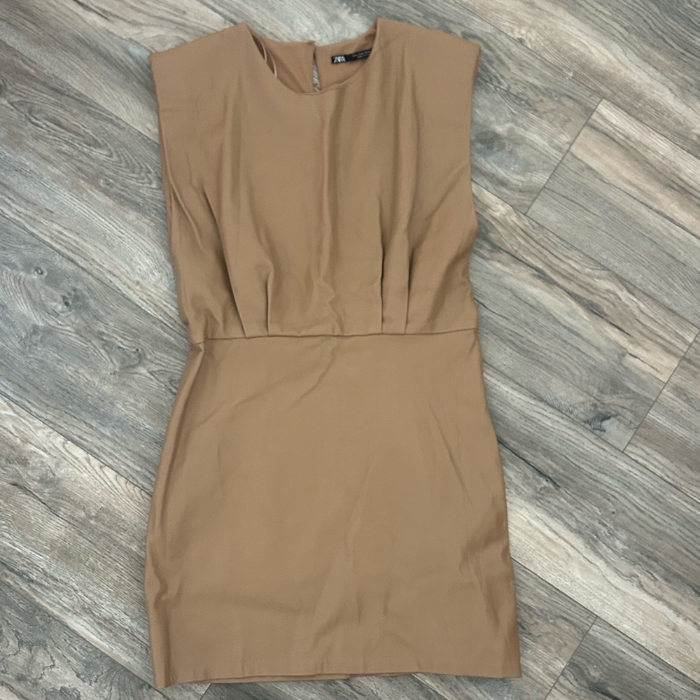 Zara faux leather camel color beige mini dress size large